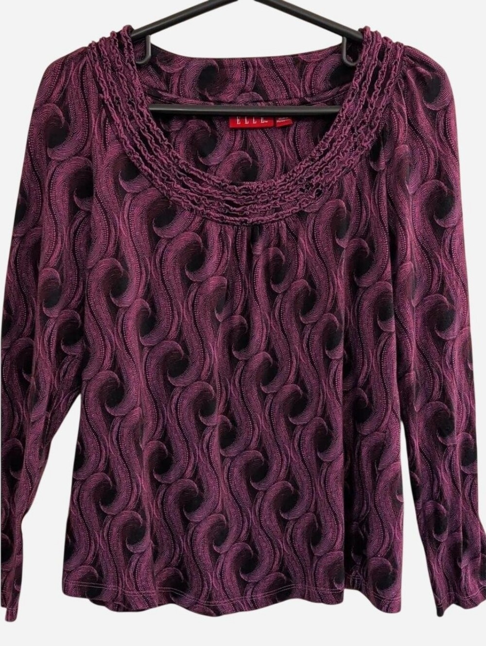 ELLE Plum Swirl Print Long Sleeve Top | Smocked Neck | Size L